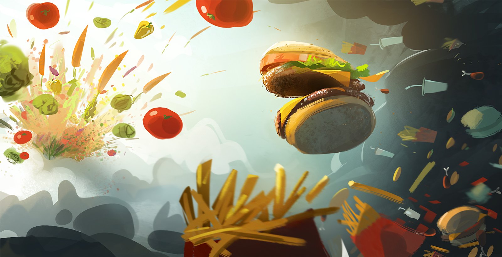 Fast food yiyeceklerinin uçtuğu bir görsel.
