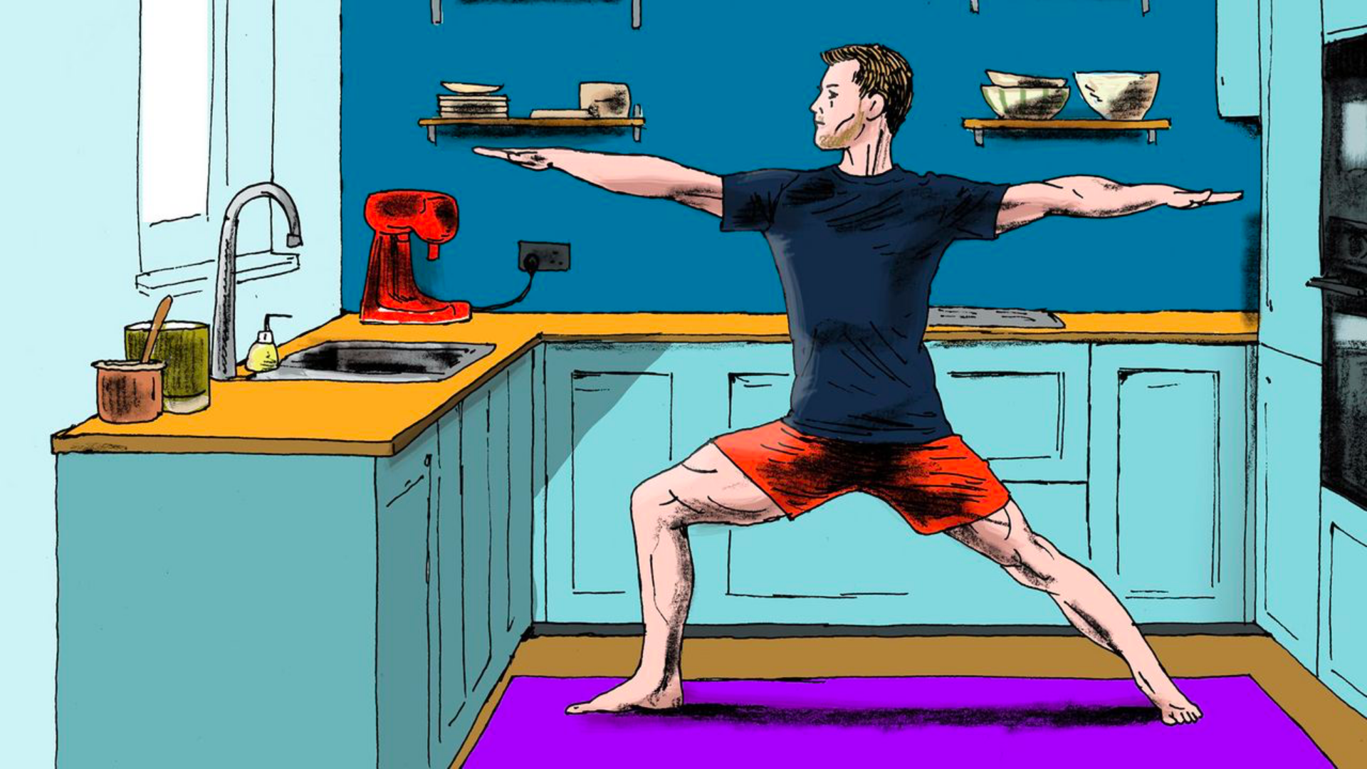 Evinin mutfağında spor yapan bir adam görseli.