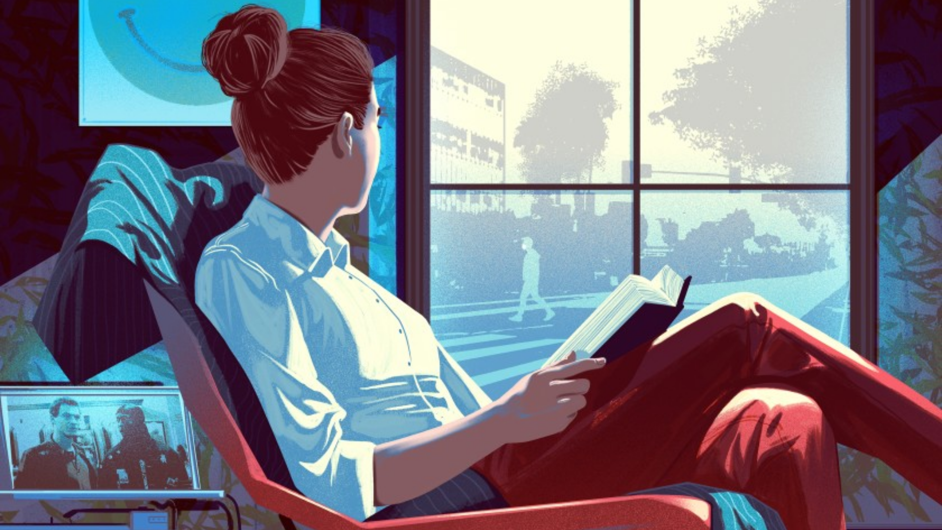 Evde kitap okurken camdan dışarıyı seyreden bir kadın görseli.
